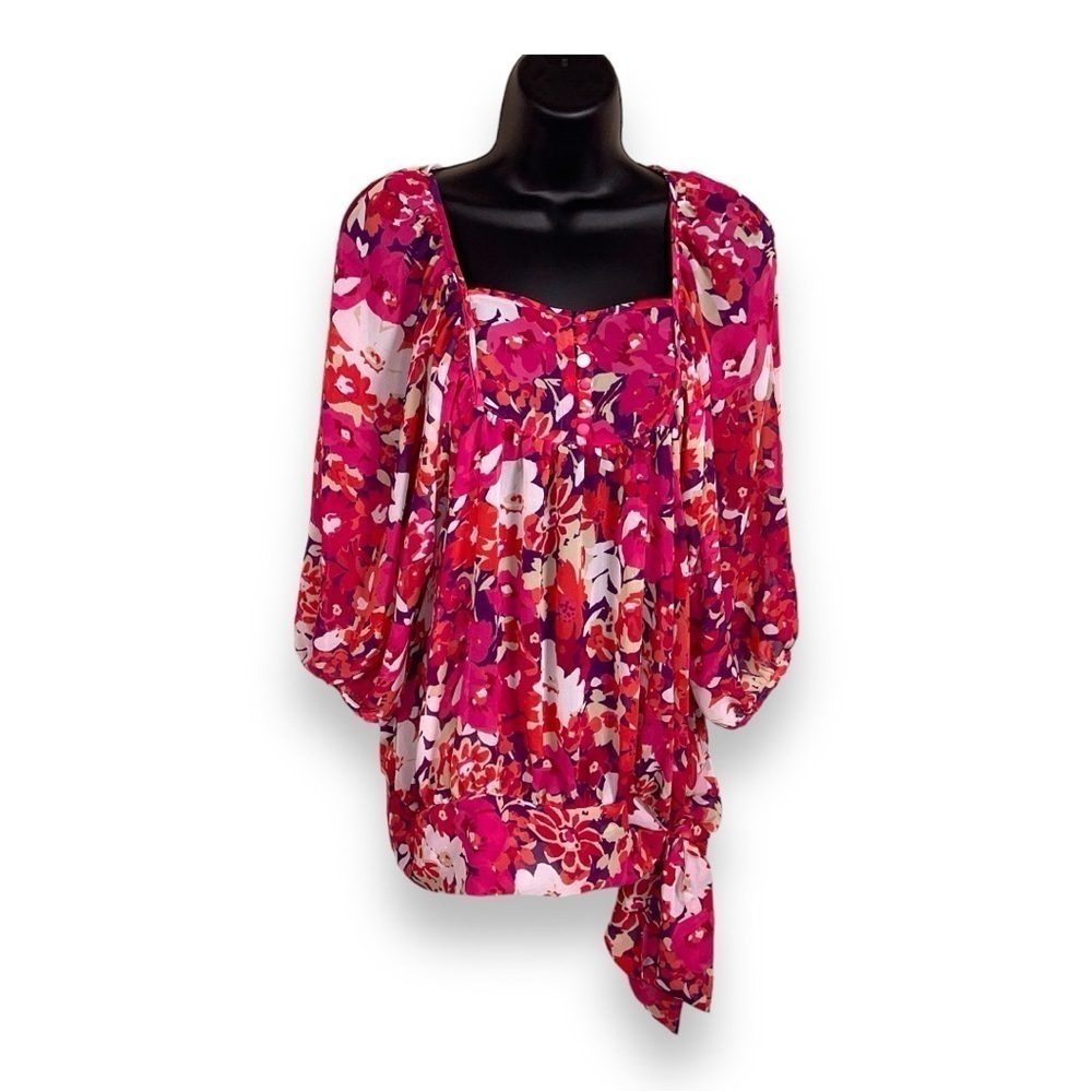 LARGE ANA PINK FLORAL BLOUSE SHORT SLEEVE TOP COLORFUL SQUARE NECKLINE